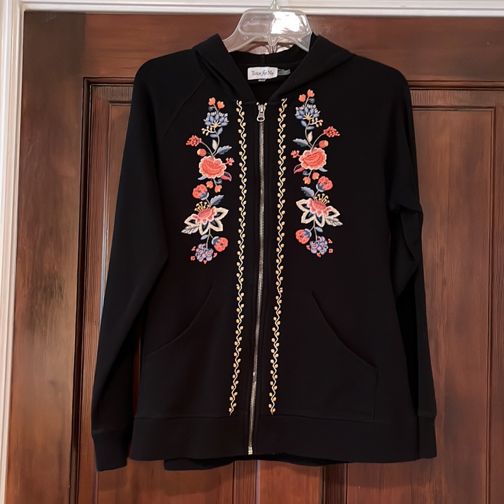 Time For Me Black “Was Style” Hand Embroidered Hooded Sweatshirt Size Medium